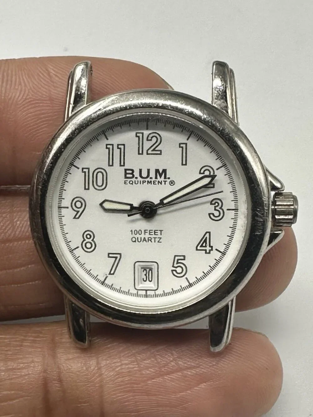 3/$30 B.U.M Watch Women No Band Silver Tone White Dial Date 27MM New Battery